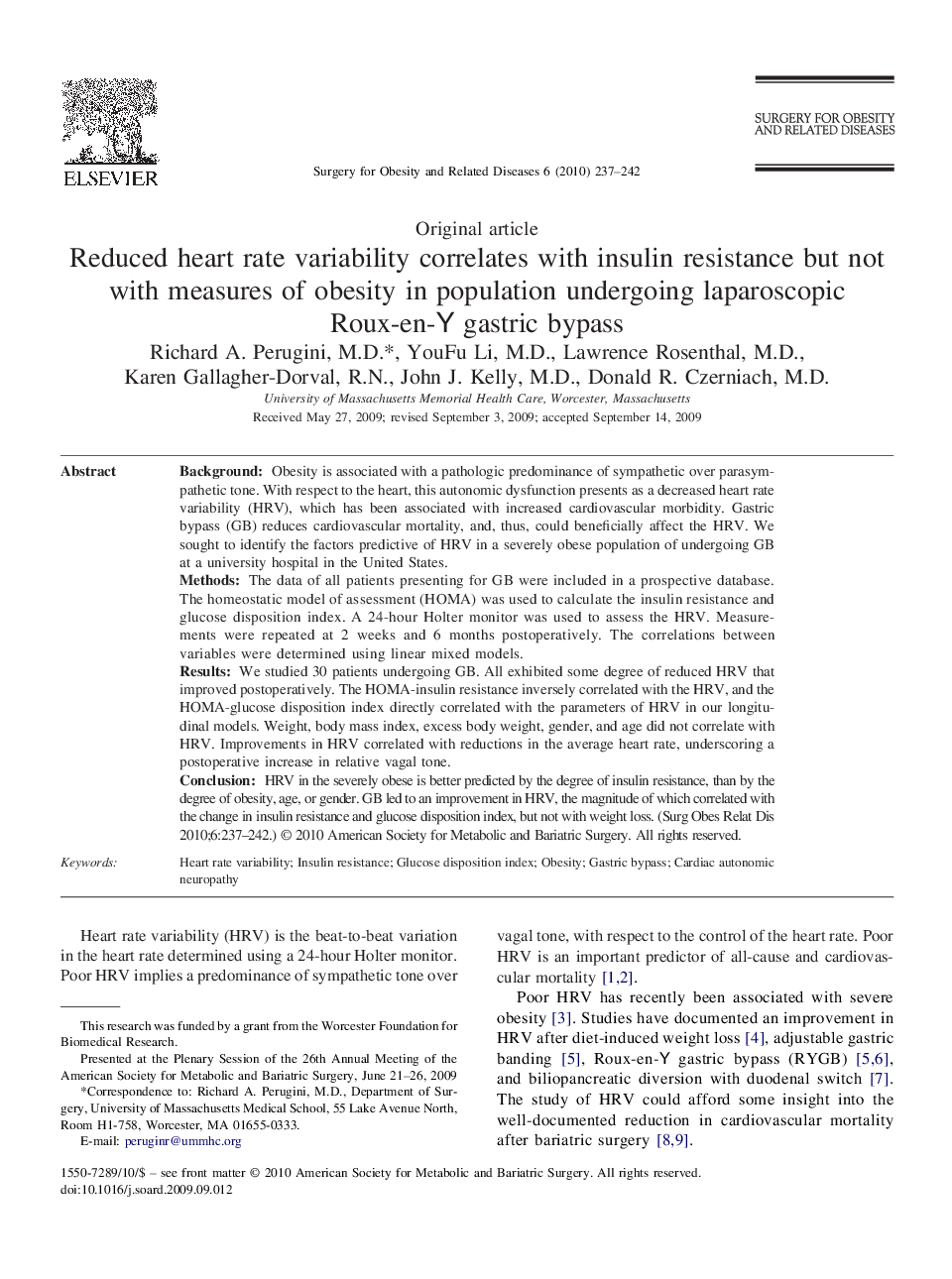 Reduced heart rate variability correlates with insulin resistance but not with measures of obesity in population undergoing laparoscopic Roux-en-Y gastric bypass