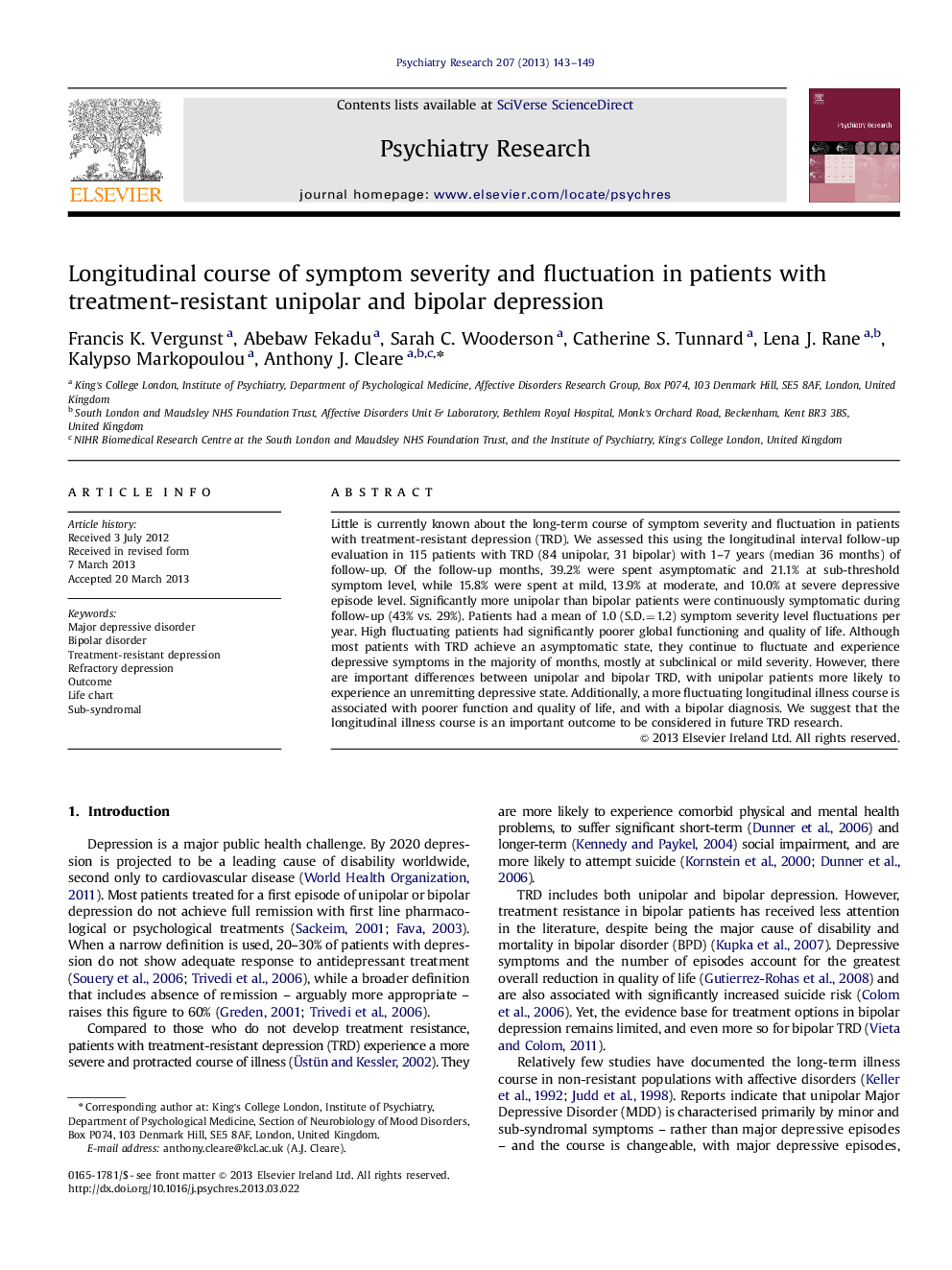 Longitudinal course of symptom severity and fluctuation in patients with treatment-resistant unipolar and bipolar depression