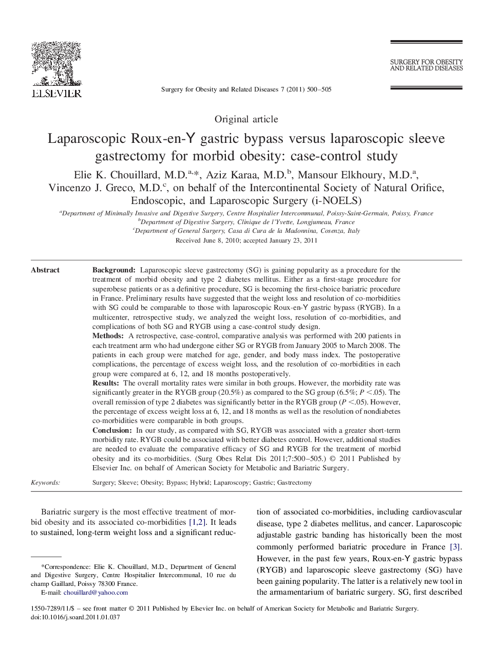 Laparoscopic Roux-en-Y gastric bypass versus laparoscopic sleeve gastrectomy for morbid obesity: case-control study