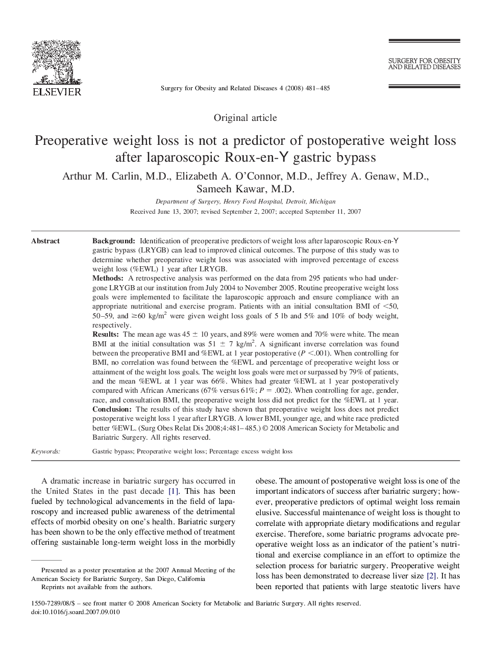 Preoperative weight loss is not a predictor of postoperative weight loss after laparoscopic Roux-en-Y gastric bypass