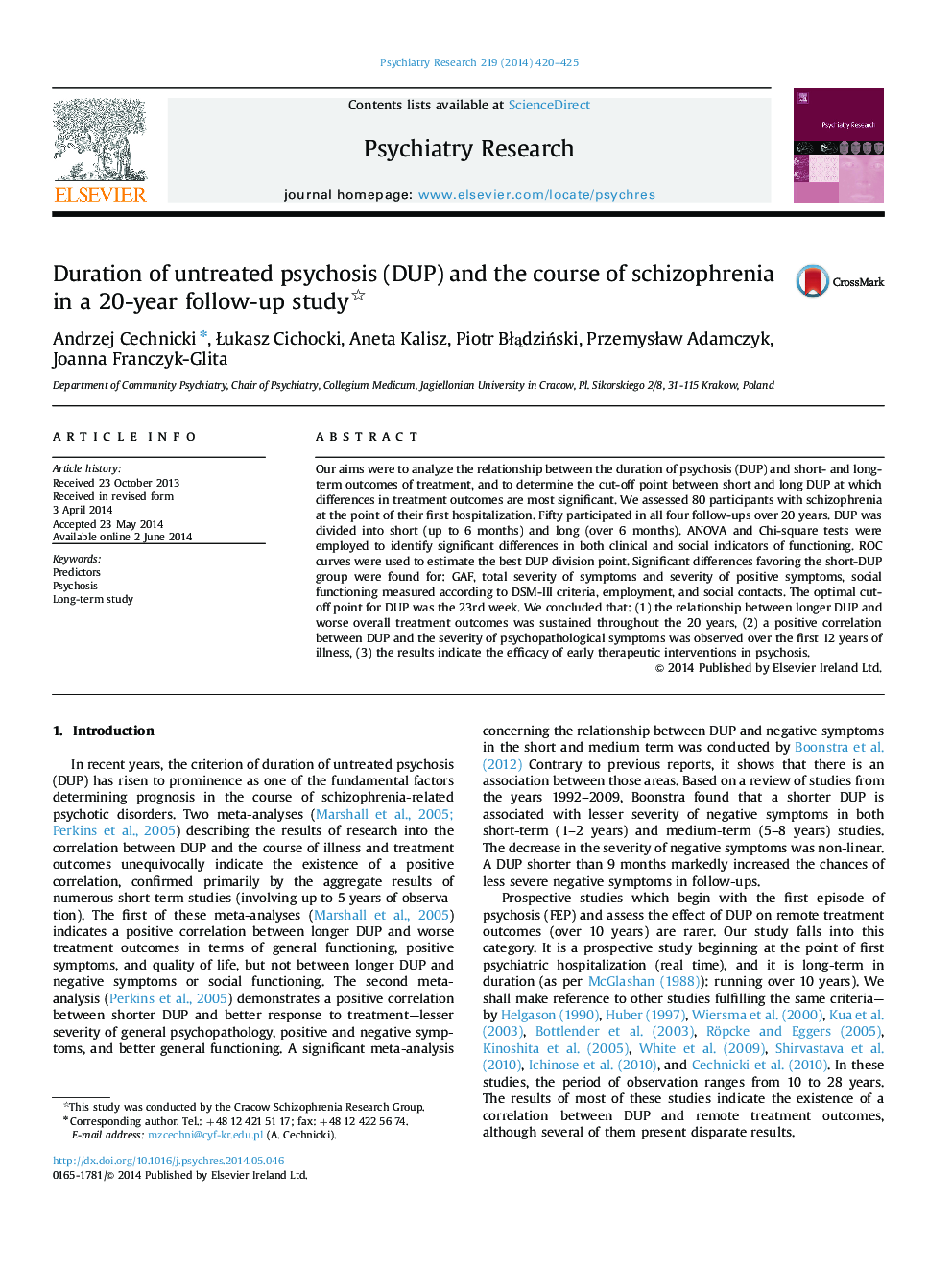 Duration of untreated psychosis (DUP) and the course of schizophrenia in a 20-year follow-up study 