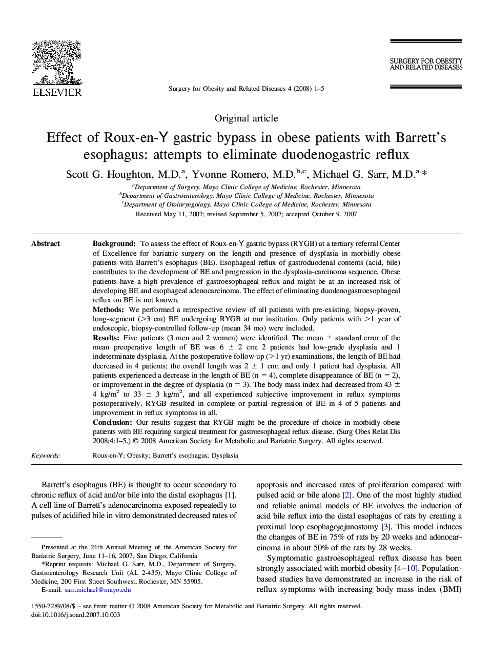 Effect of Roux-en-Y gastric bypass in obese patients with Barrett's esophagus: attempts to eliminate duodenogastric reflux