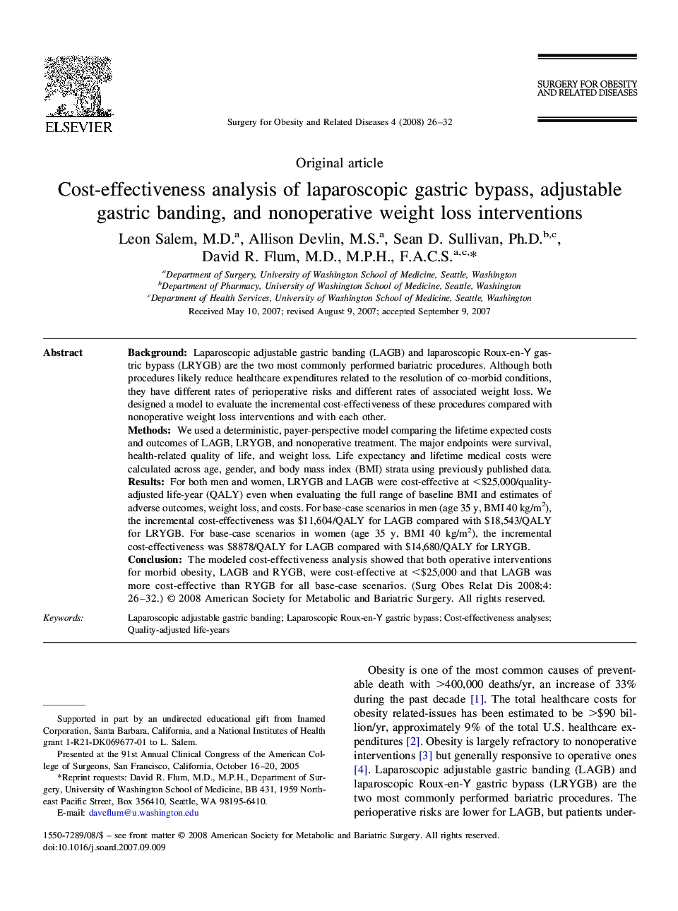 Cost-effectiveness analysis of laparoscopic gastric bypass, adjustable gastric banding, and nonoperative weight loss interventions