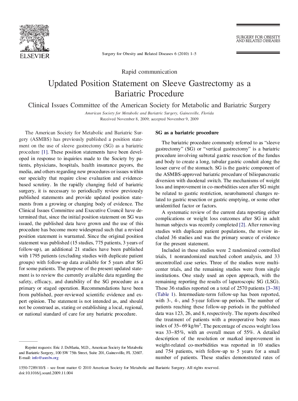 Updated Position Statement on Sleeve Gastrectomy as a Bariatric Procedure