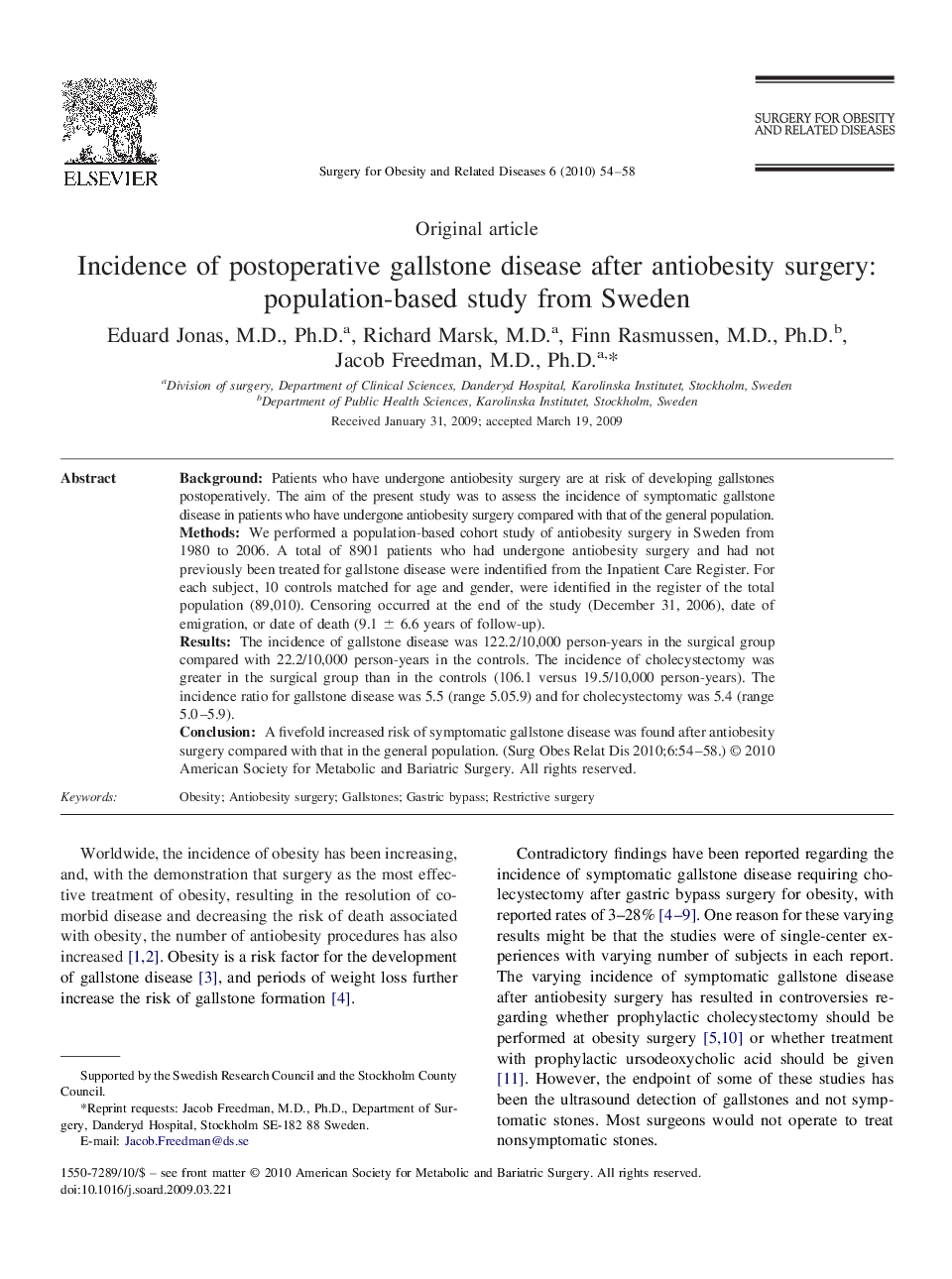 عکس صفحه اول مقاله: Incidence of postoperative gallstone disease after antiobesity surgery: population-based study from Sweden Incidence of postoperative gallstone disease after antiobesity surgery: population-based study from Sweden