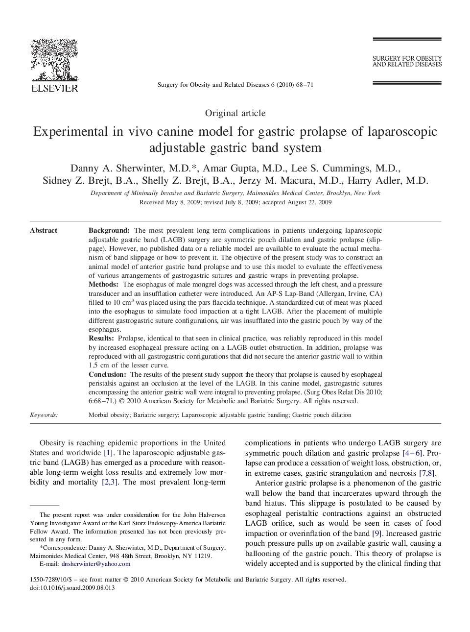 عکس صفحه اول مقاله: Experimental in vivo canine model for gastric prolapse of laparoscopic adjustable gastric band system Experimental in vivo canine model for gastric prolapse of laparoscopic adjustable gastric band system