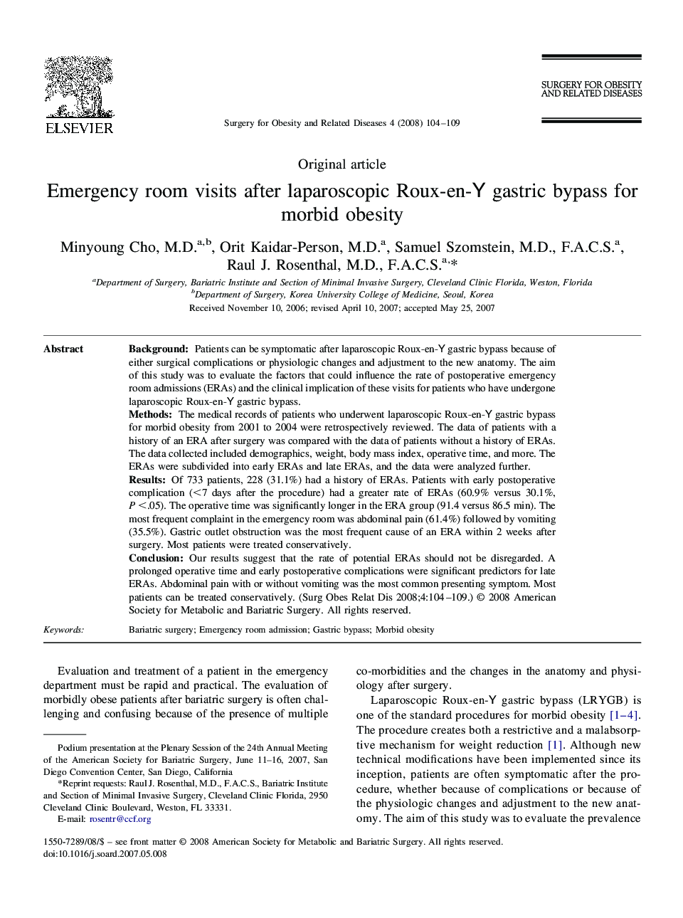 Emergency room visits after laparoscopic Roux-en-Y gastric bypass for morbid obesity