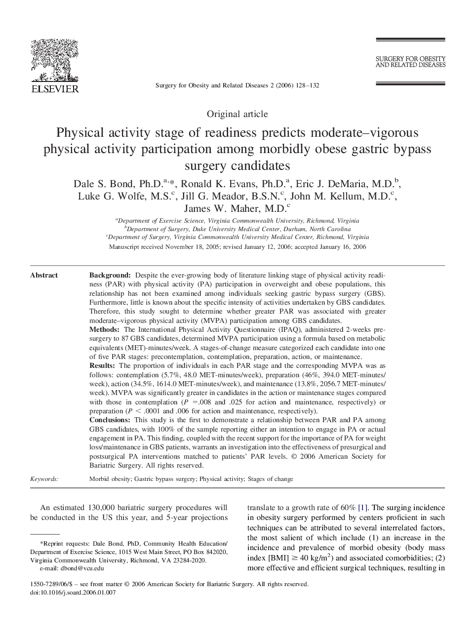 Physical activity stage of readiness predicts moderate-vigorous physical activity participation among morbidly obese gastric bypass surgery candidates