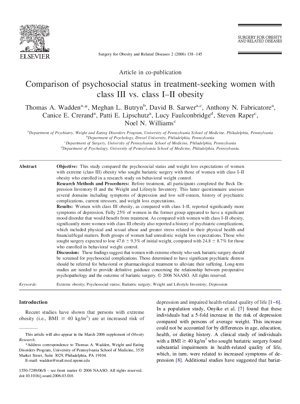 Comparison of psychosocial status in treatment-seeking women with class III vs. class I-II obesity