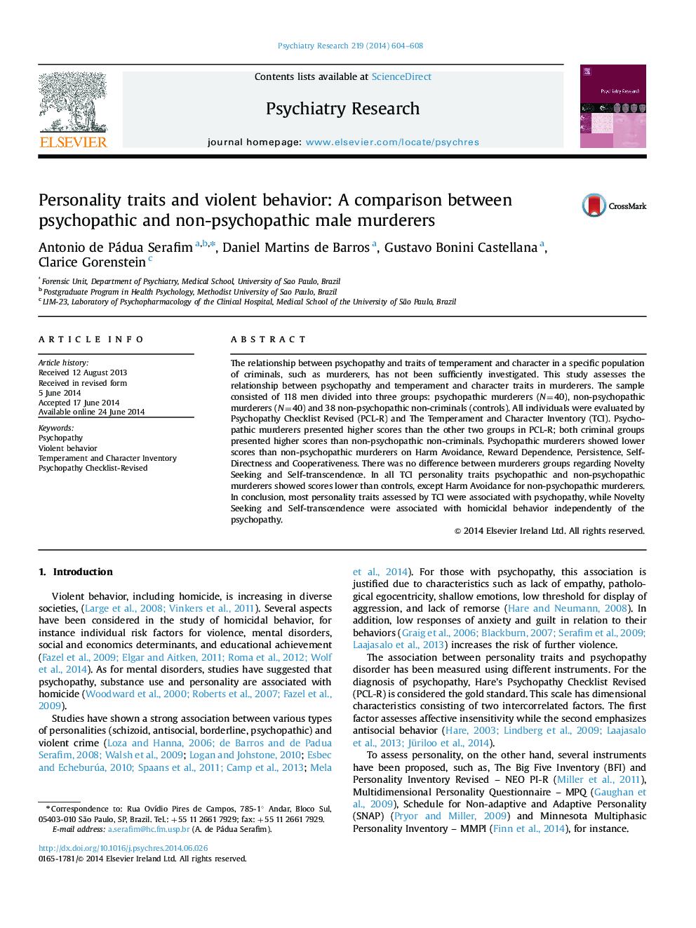 Personality traits and violent behavior: A comparison between psychopathic and non-psychopathic male murderers