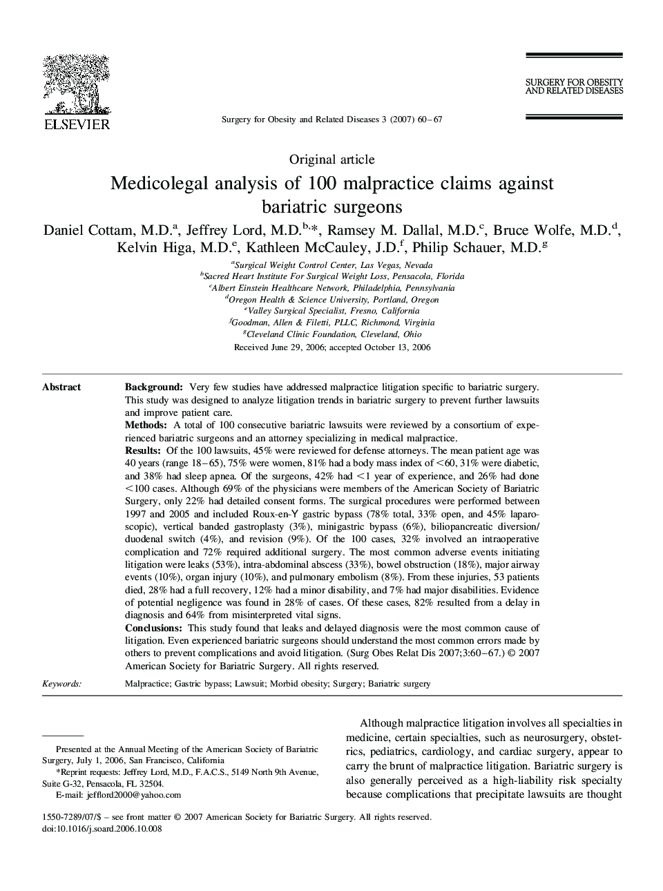 عکس صفحه اول مقاله: Medicolegal analysis of 100 malpractice claims against bariatric surgeons Medicolegal analysis of 100 malpractice claims against bariatric surgeons
