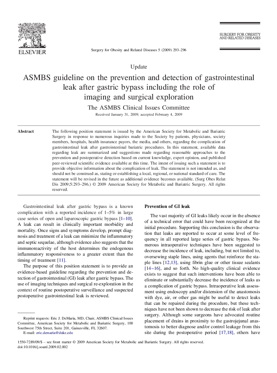 ASMBS guideline on the prevention and detection of gastrointestinal leak after gastric bypass including the role of imaging and surgical exploration