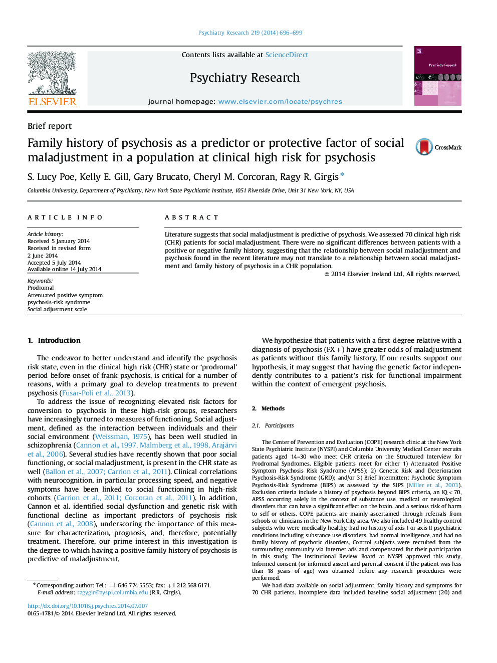 Family history of psychosis as a predictor or protective factor of social maladjustment in a population at clinical high risk for psychosis