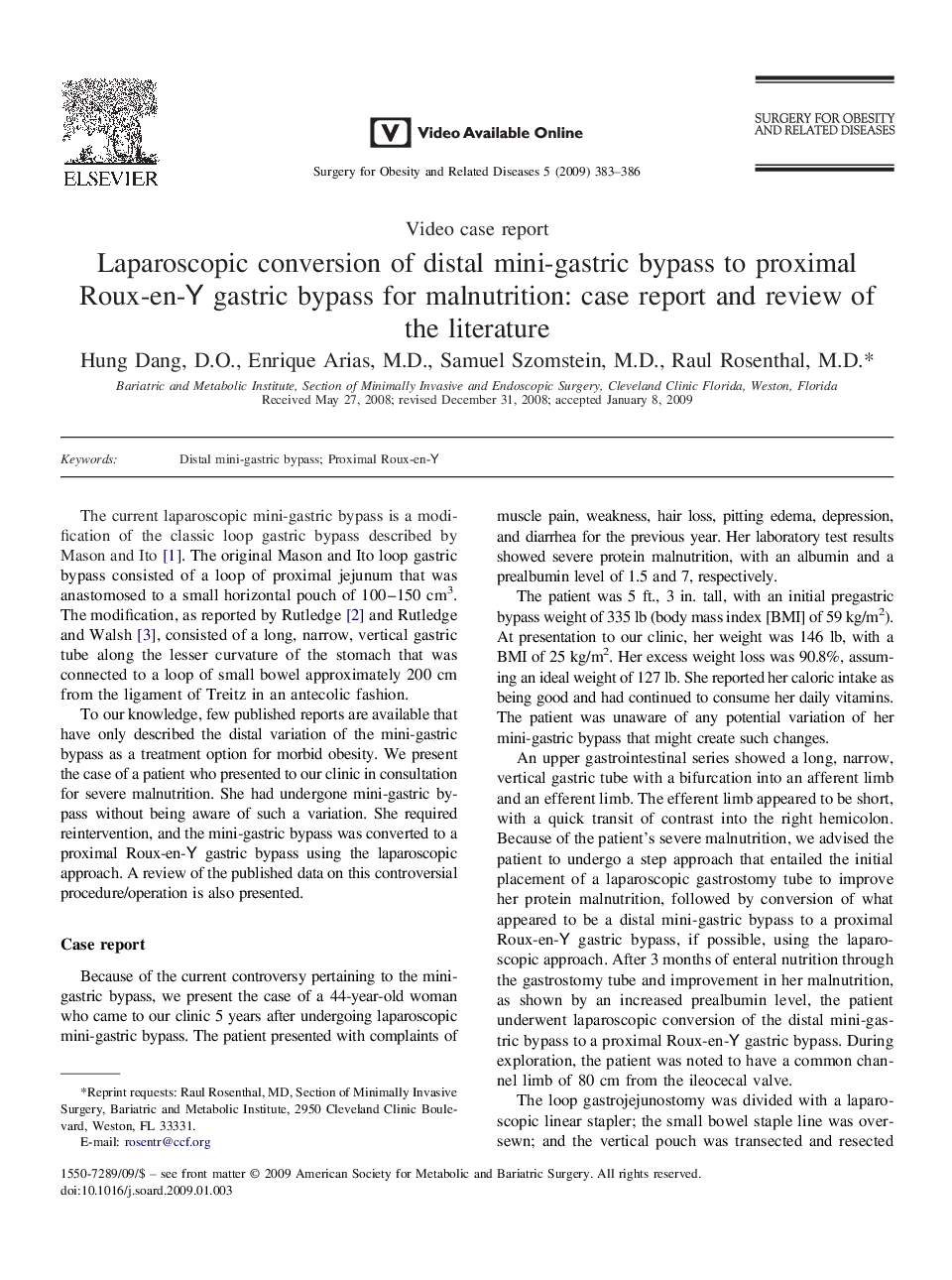 Laparoscopic conversion of distal mini-gastric bypass to proximal Roux-en-Y gastric bypass for malnutrition: case report and review of the literature