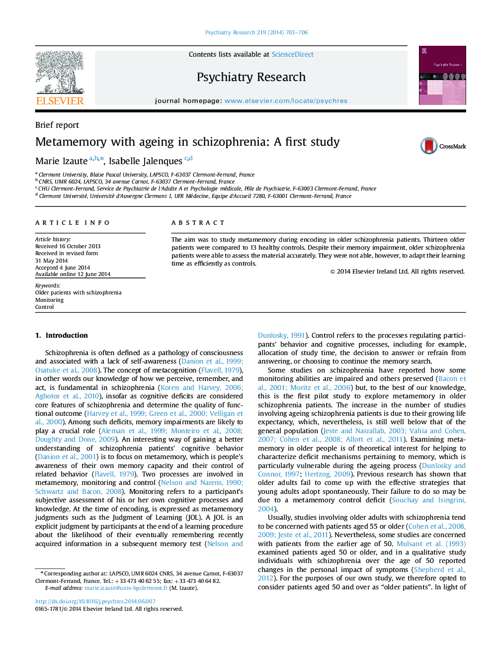 Metamemory with ageing in schizophrenia: A first study