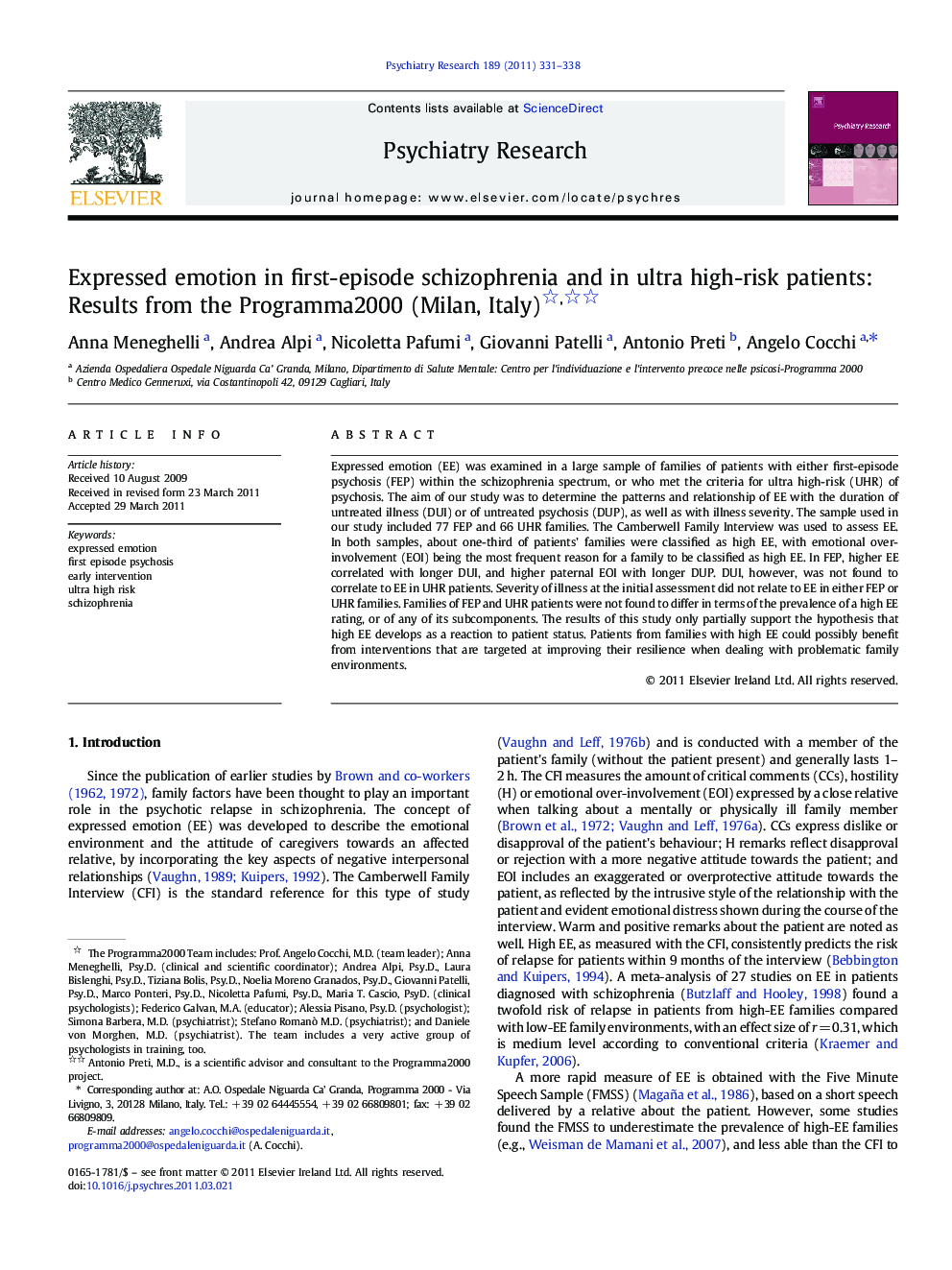 Expressed emotion in first-episode schizophrenia and in ultra high-risk patients: Results from the Programma2000 (Milan, Italy) 