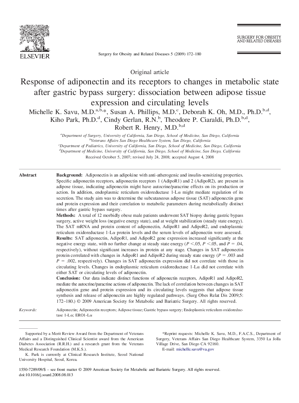 Response of adiponectin and its receptors to changes in metabolic state after gastric bypass surgery: dissociation between adipose tissue expression and circulating levels