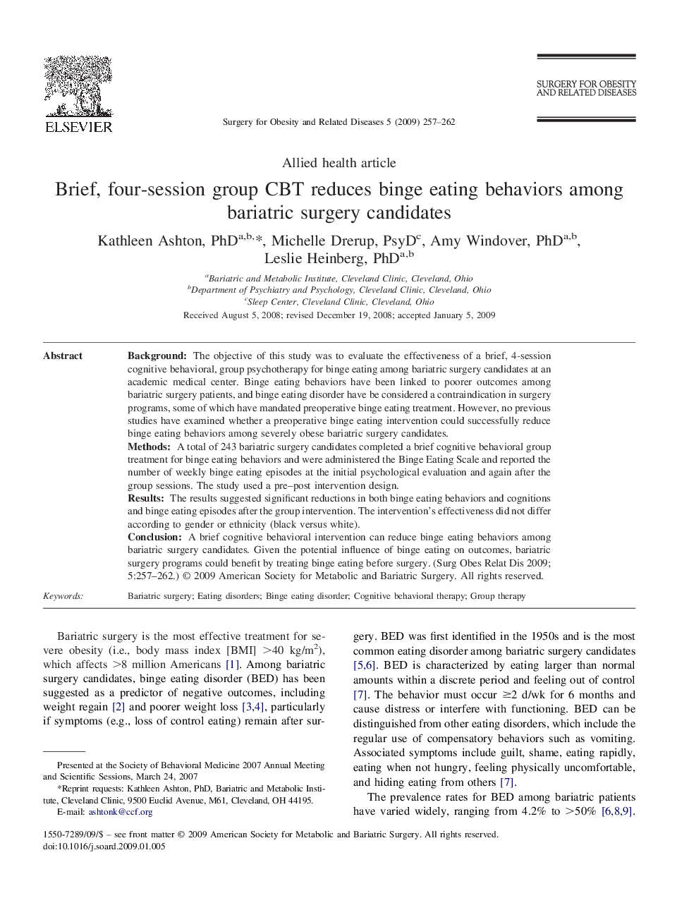 Brief, four-session group CBT reduces binge eating behaviors among bariatric surgery candidates