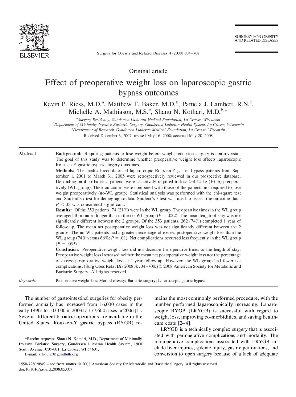 Effect of preoperative weight loss on laparoscopic gastric bypass outcomes