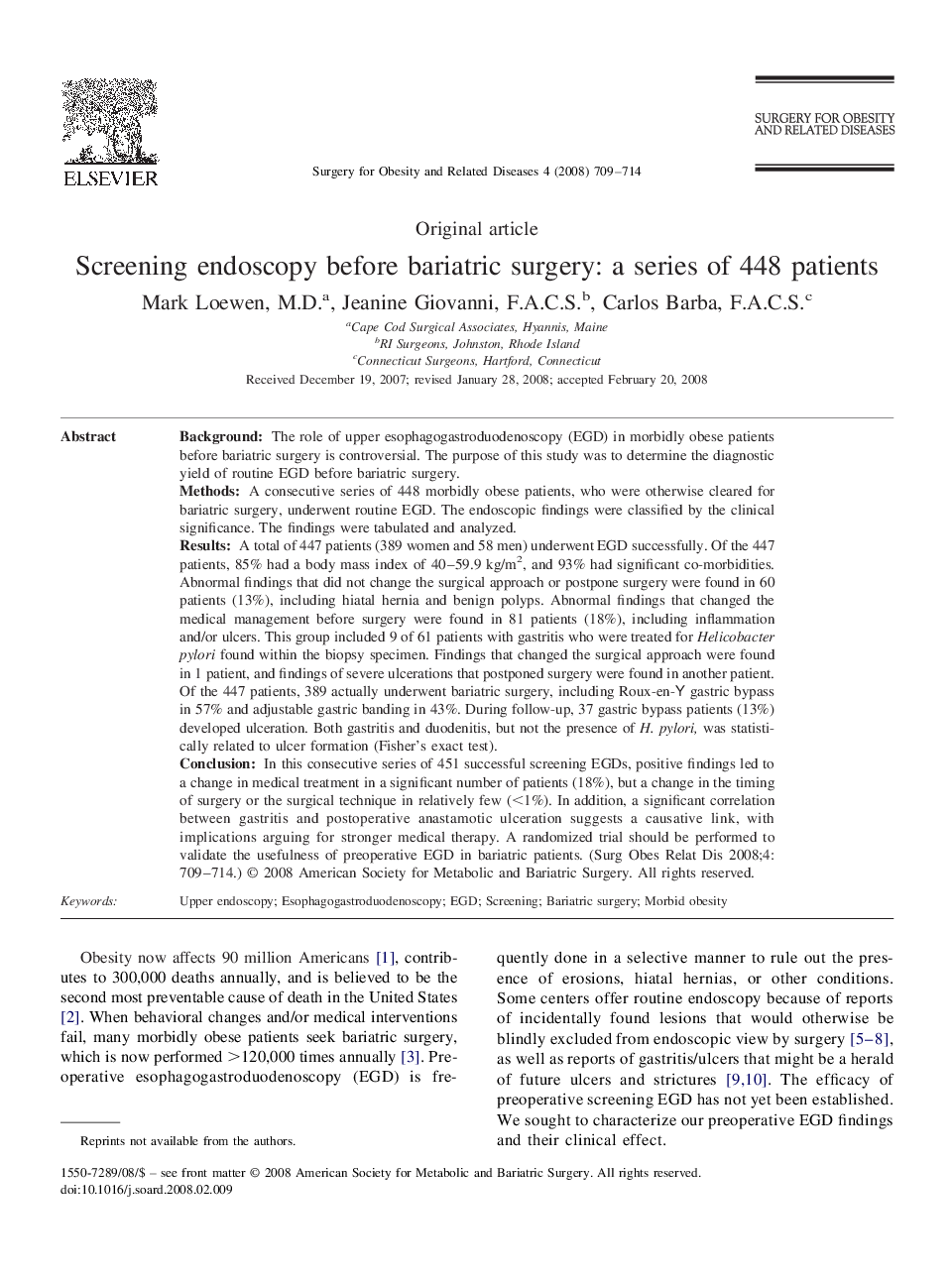 عکس صفحه اول مقاله: Screening endoscopy before bariatric surgery: a series of 448 patients Screening endoscopy before bariatric surgery: a series of 448 patients