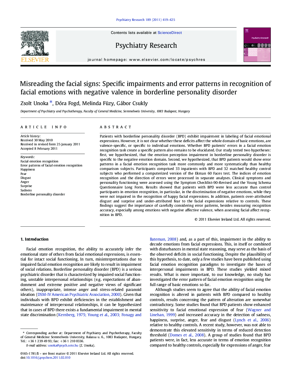 Misreading the facial signs: Specific impairments and error patterns in recognition of facial emotions with negative valence in borderline personality disorder