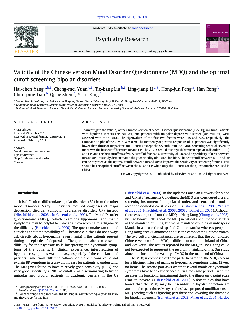 Validity of the Chinese version Mood Disorder Questionnaire (MDQ) and the optimal cutoff screening bipolar disorders