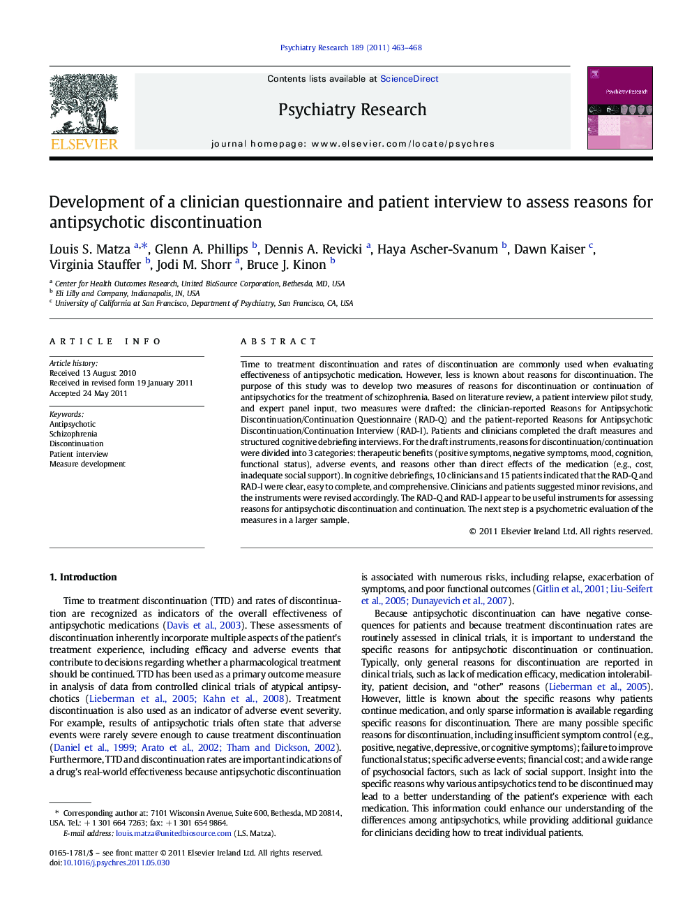 Development of a clinician questionnaire and patient interview to assess reasons for antipsychotic discontinuation