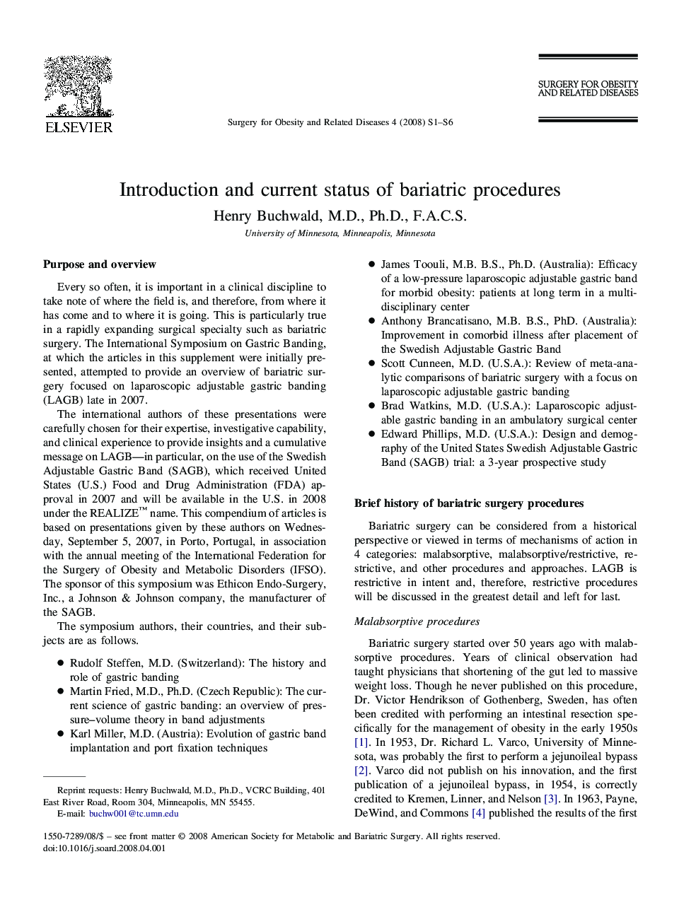 Introduction and current status of bariatric procedures