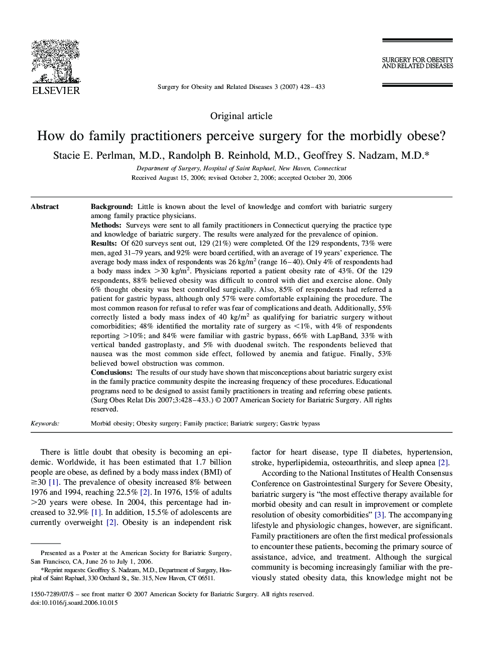 عکس صفحه اول مقاله: How do family practitioners perceive surgery for the morbidly obese? How do family practitioners perceive surgery for the morbidly obese?