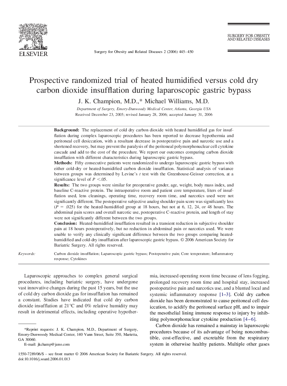 Prospective randomized trial of heated humidified versus cold dry carbon dioxide insufflation during laparoscopic gastric bypass