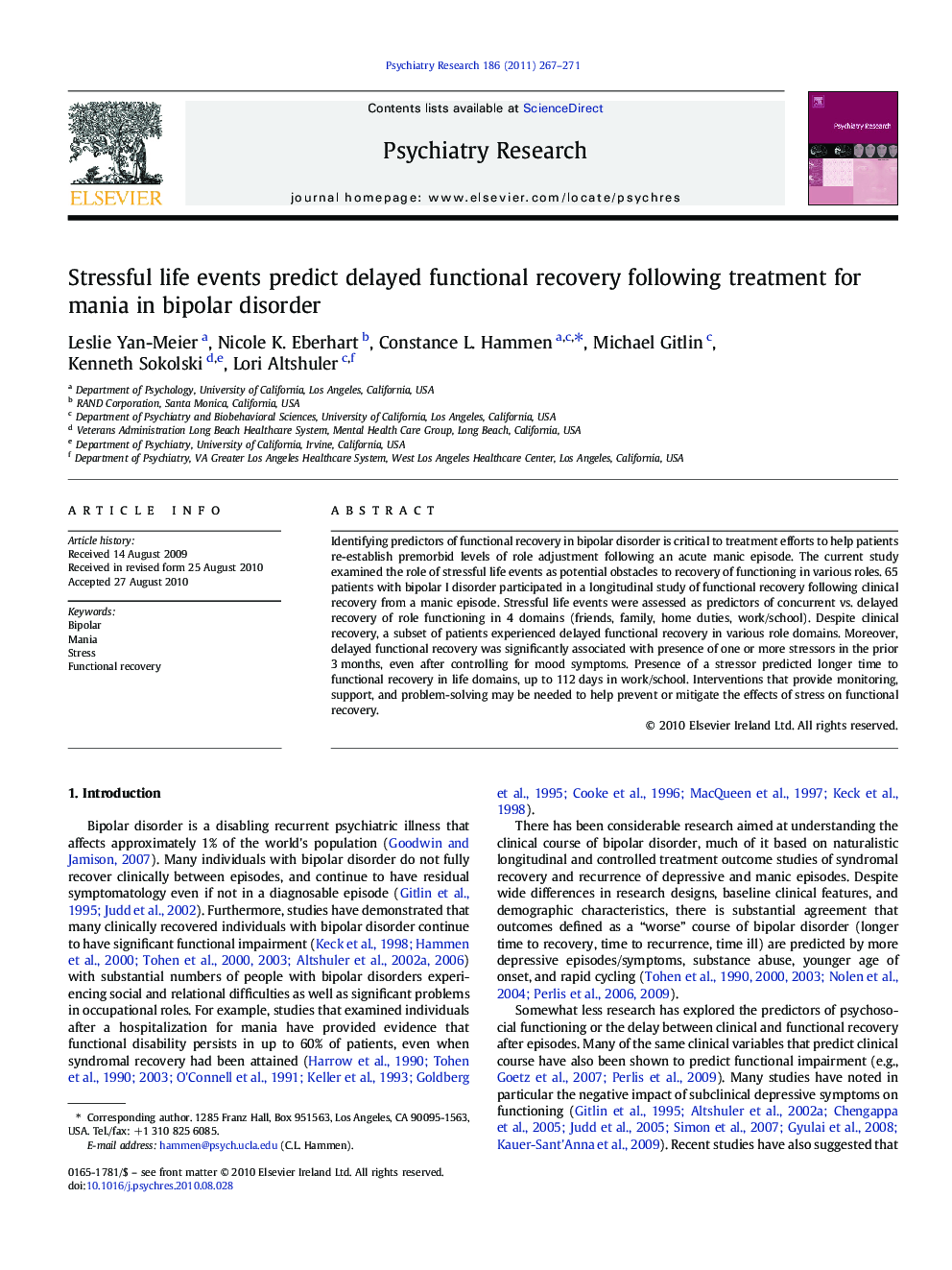 Stressful life events predict delayed functional recovery following treatment for mania in bipolar disorder