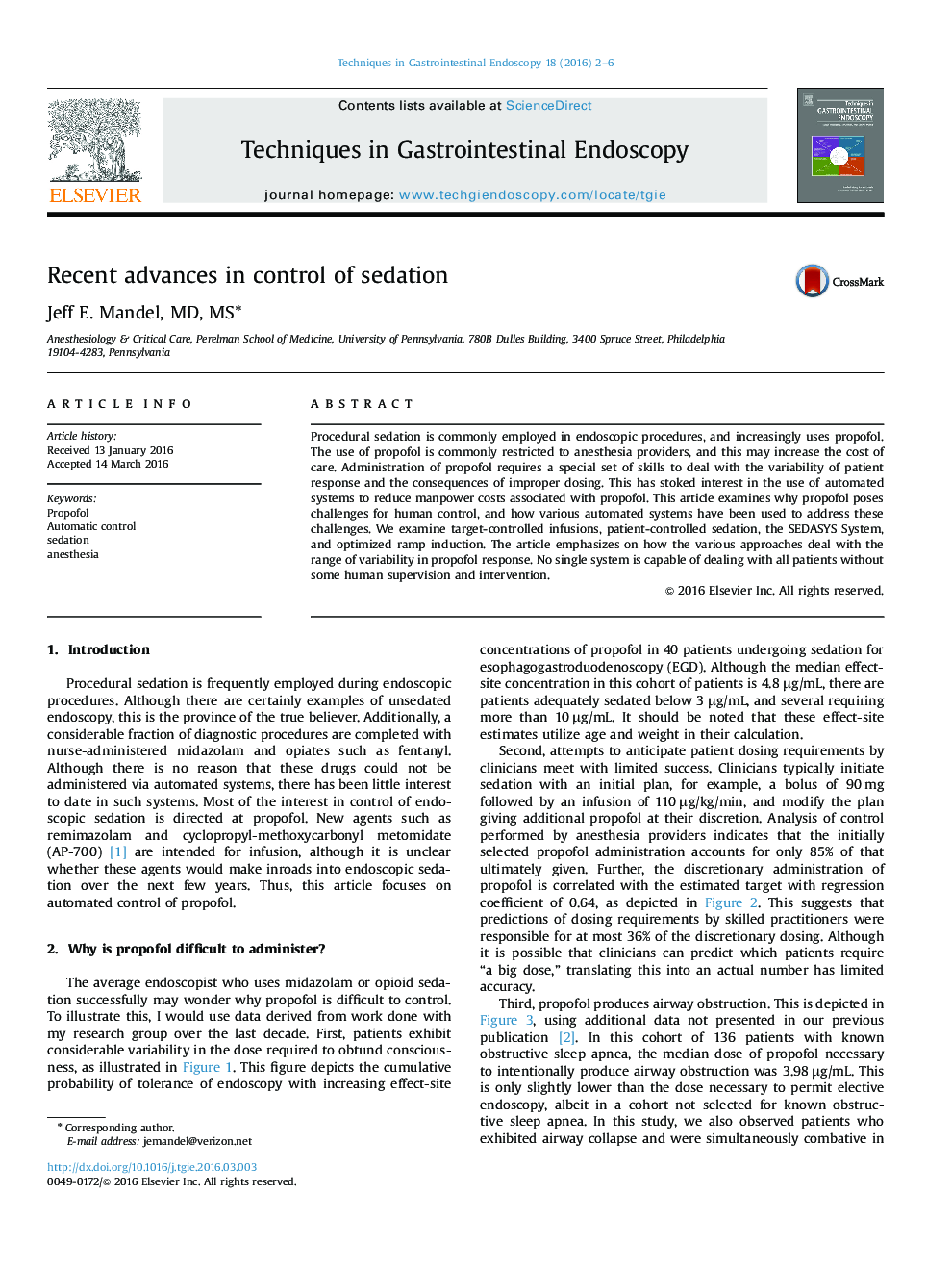 Recent advances in control of sedation