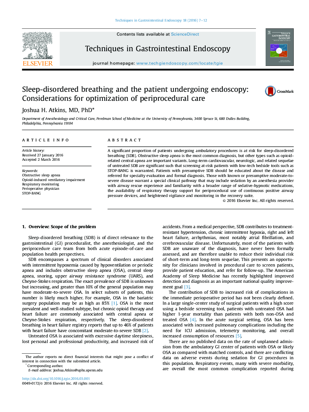 Sleep-disordered breathing and the patient undergoing endoscopy: Considerations for optimization of periprocedural care 