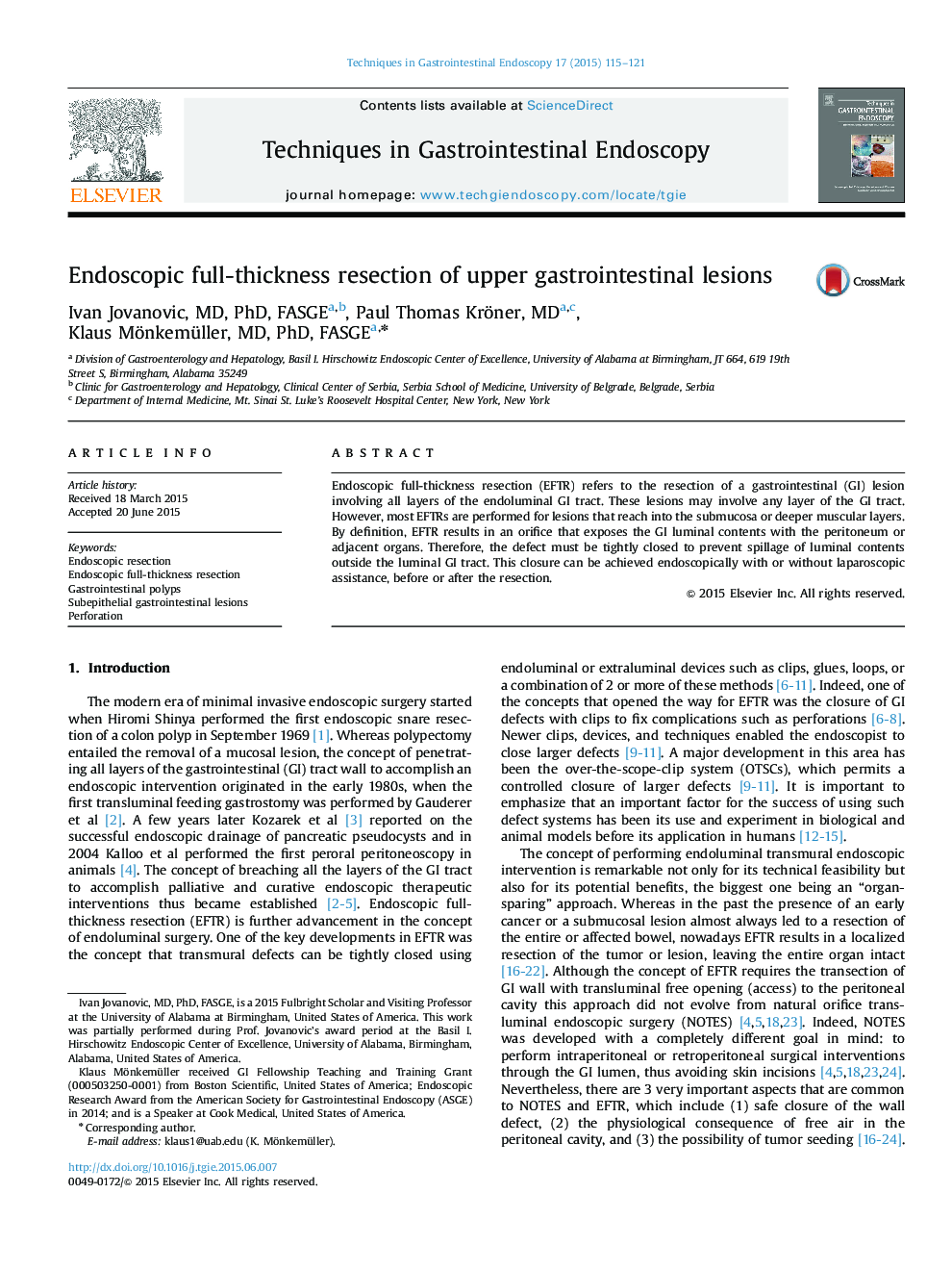 Endoscopic full-thickness resection of upper gastrointestinal lesions 