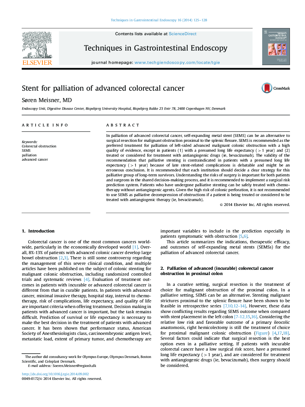 Stent for palliation of advanced colorectal cancer 