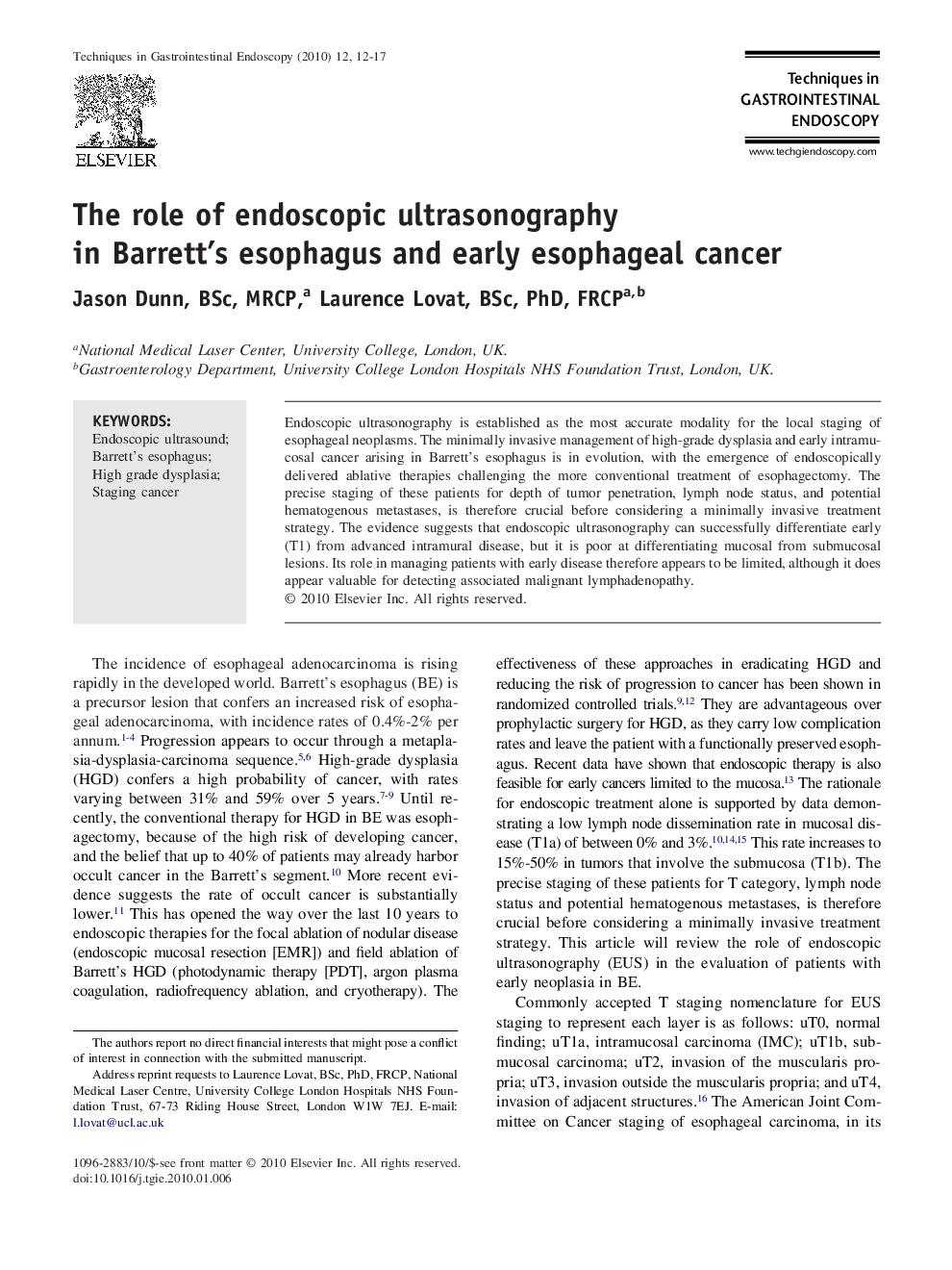 The role of endoscopic ultrasonography in Barrett's esophagus and early esophageal cancer 