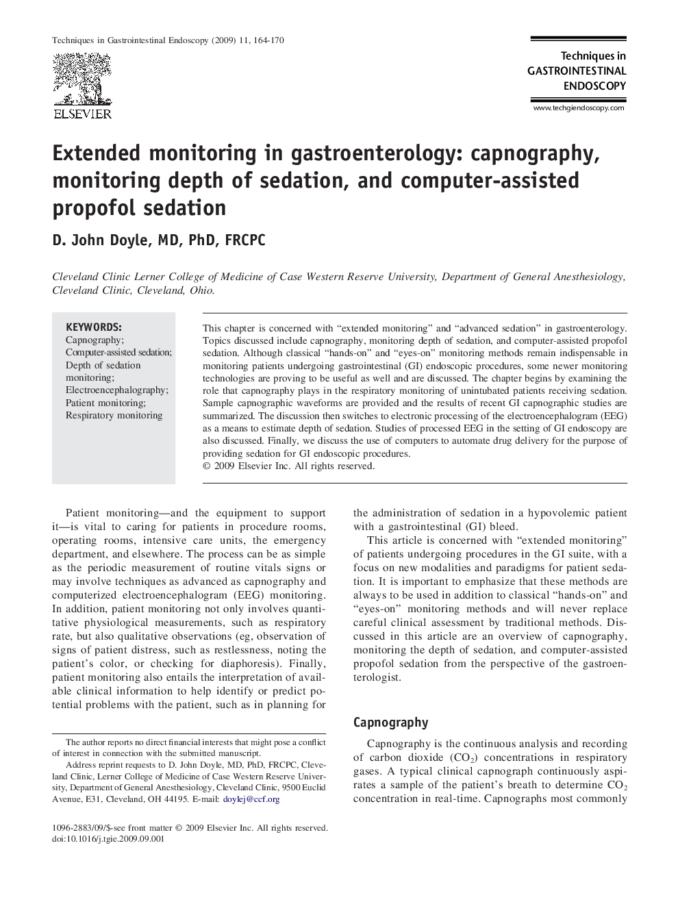 Extended monitoring in gastroenterology: capnography, monitoring depth of sedation, and computer-assisted propofol sedation 