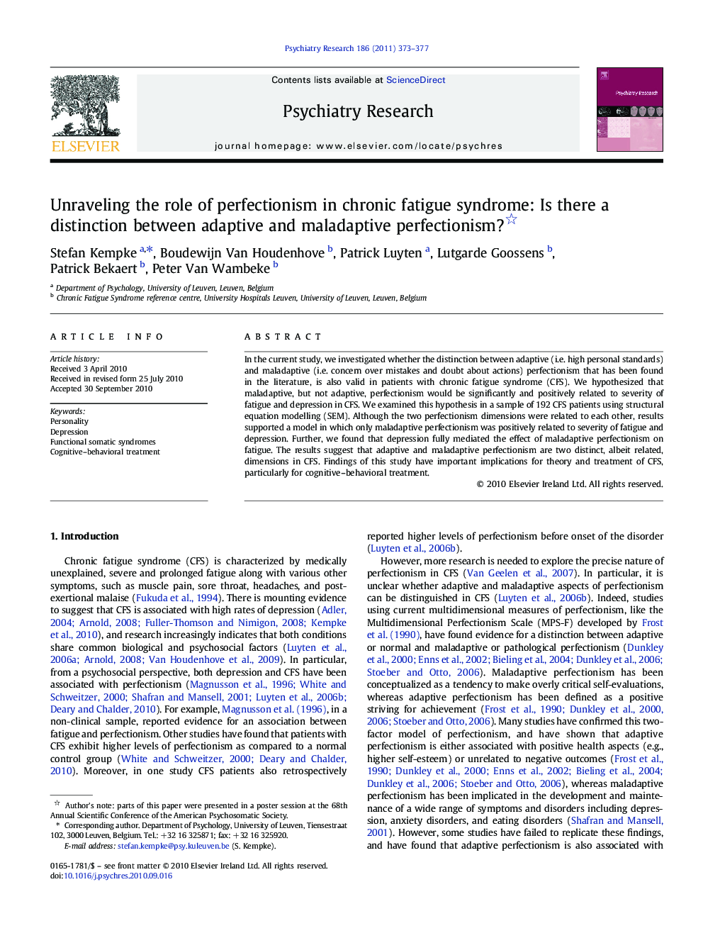 Unraveling the role of perfectionism in chronic fatigue syndrome: Is there a distinction between adaptive and maladaptive perfectionism? 