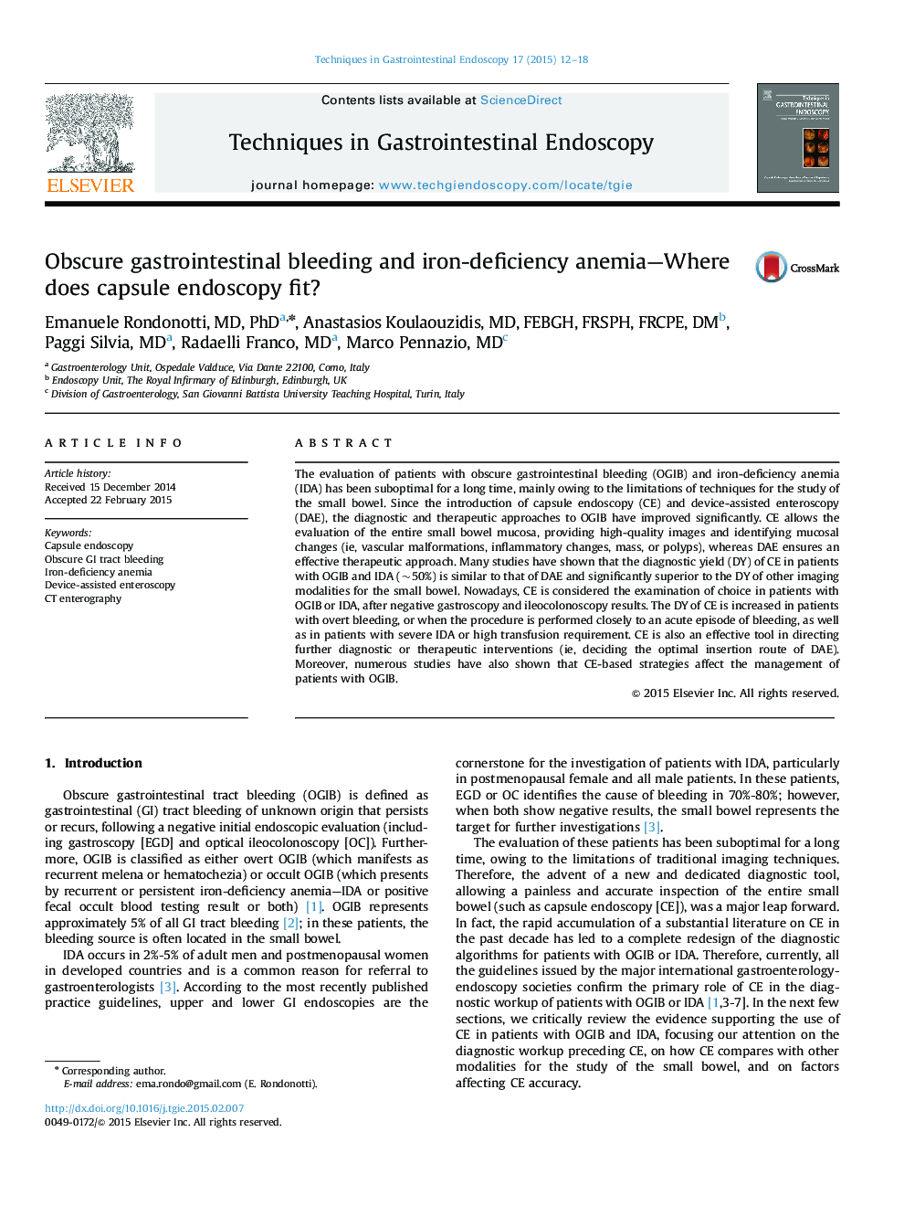 Obscure gastrointestinal bleeding and iron-deficiency anemia-Where does capsule endoscopy fit?