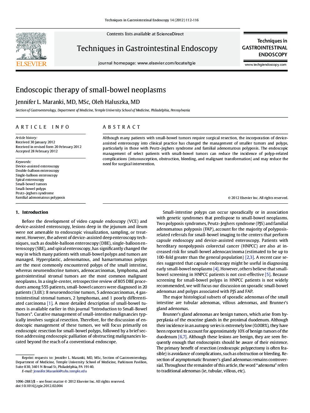 Endoscopic therapy of small-bowel neoplasms