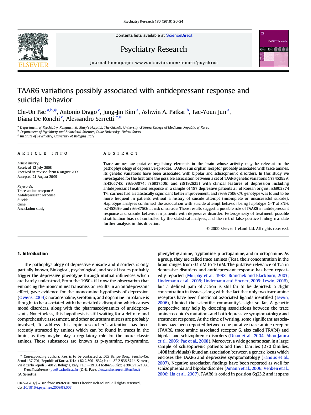 TAAR6 variations possibly associated with antidepressant response and suicidal behavior