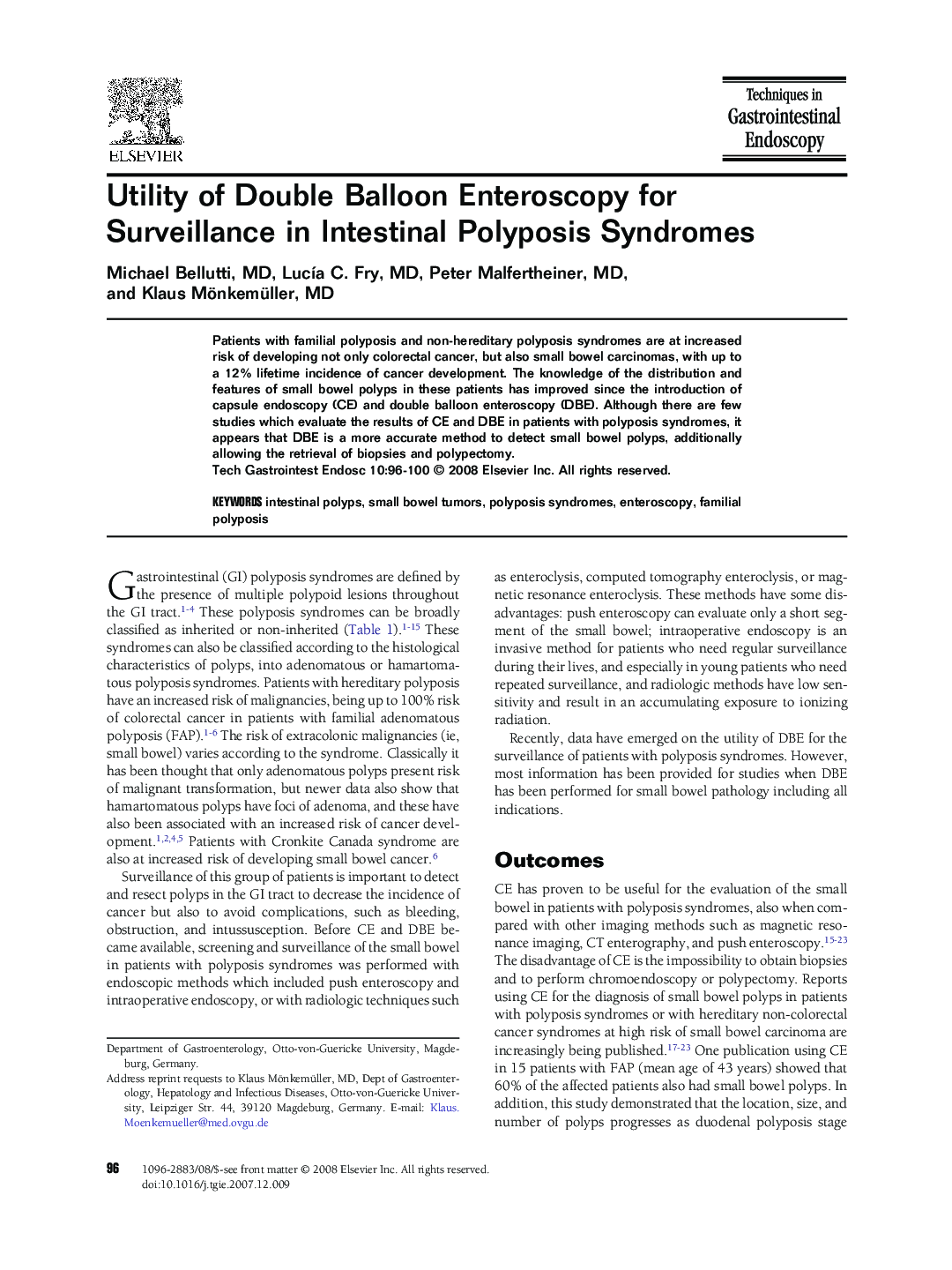 Utility of Double Balloon Enteroscopy for Surveillance in Intestinal Polyposis Syndromes