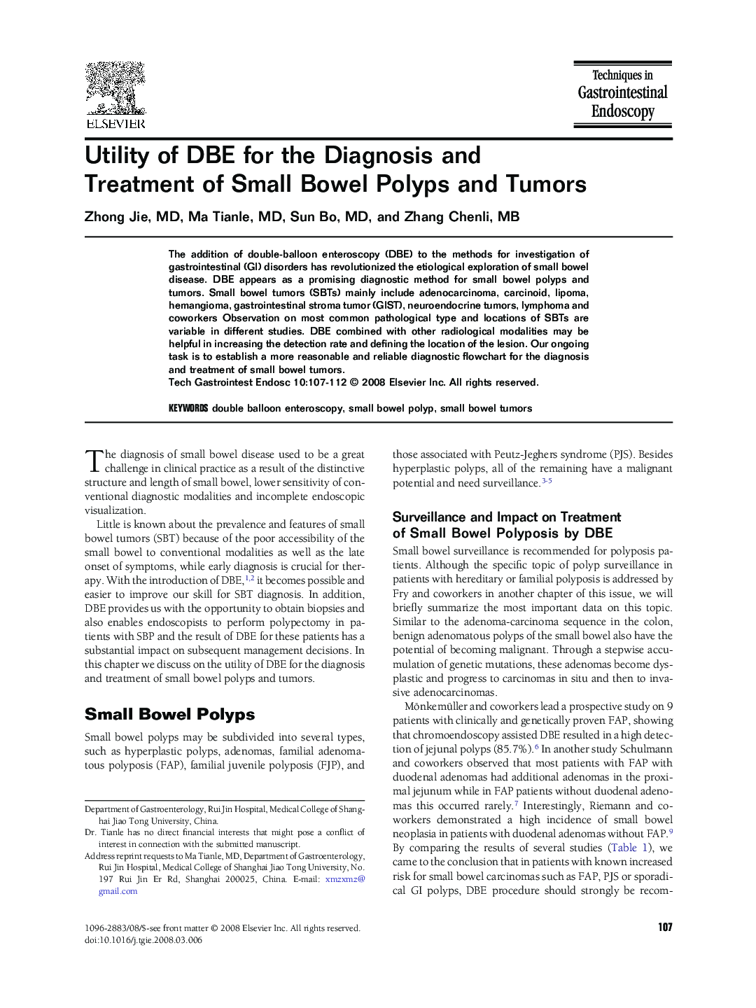 Utility of DBE for the Diagnosis and Treatment of Small Bowel Polyps and Tumors