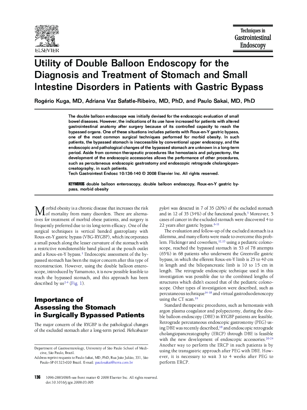 Utility of Double Balloon Endoscopy for the Diagnosis and Treatment of Stomach and Small Intestine Disorders in Patients with Gastric Bypass