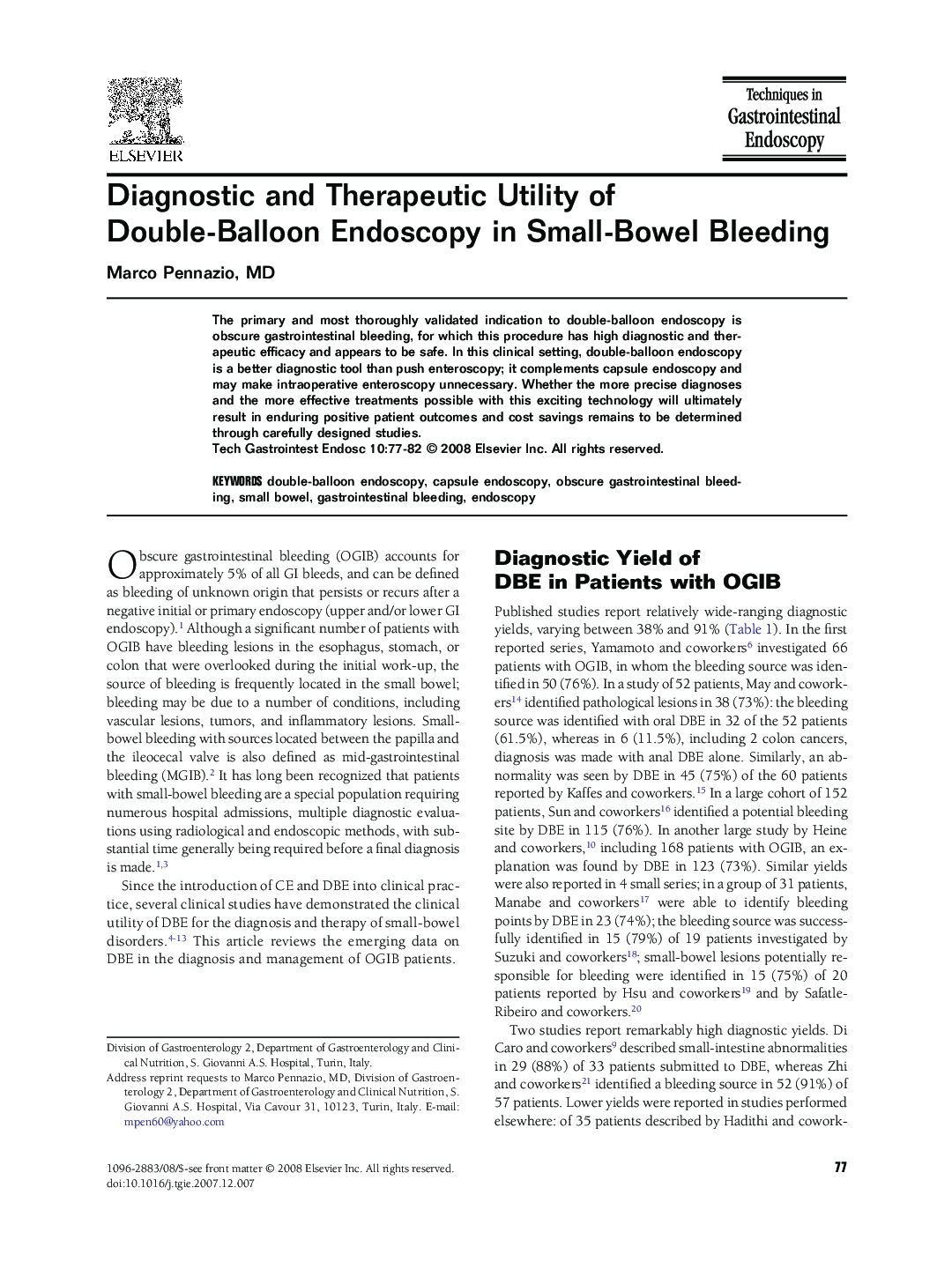 Diagnostic and Therapeutic Utility of Double-Balloon Endoscopy in Small-Bowel Bleeding