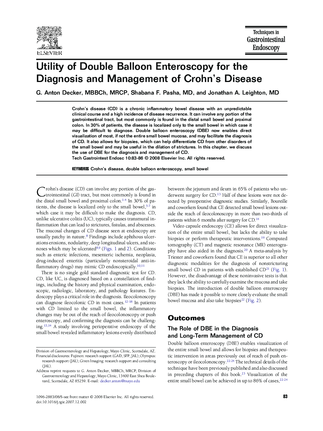 Utility of Double Balloon Enteroscopy for the Diagnosis and Management of Crohn's Disease