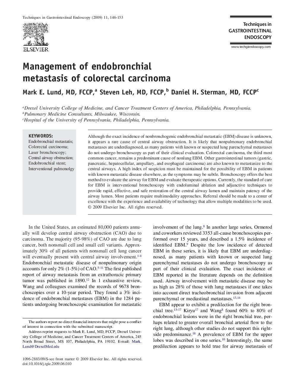 Management of endobronchial metastasis of colorectal carcinoma