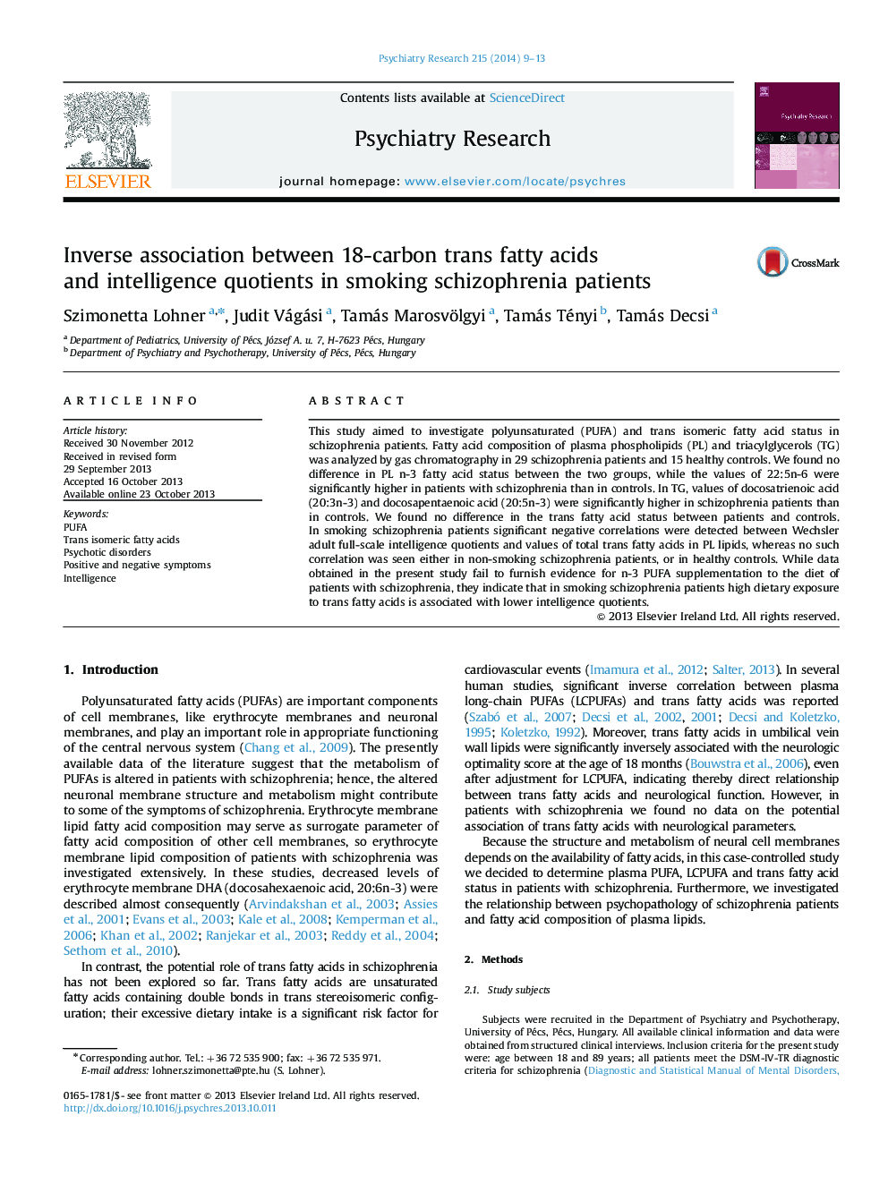 Inverse association between 18-carbon trans fatty acids and intelligence quotients in smoking schizophrenia patients