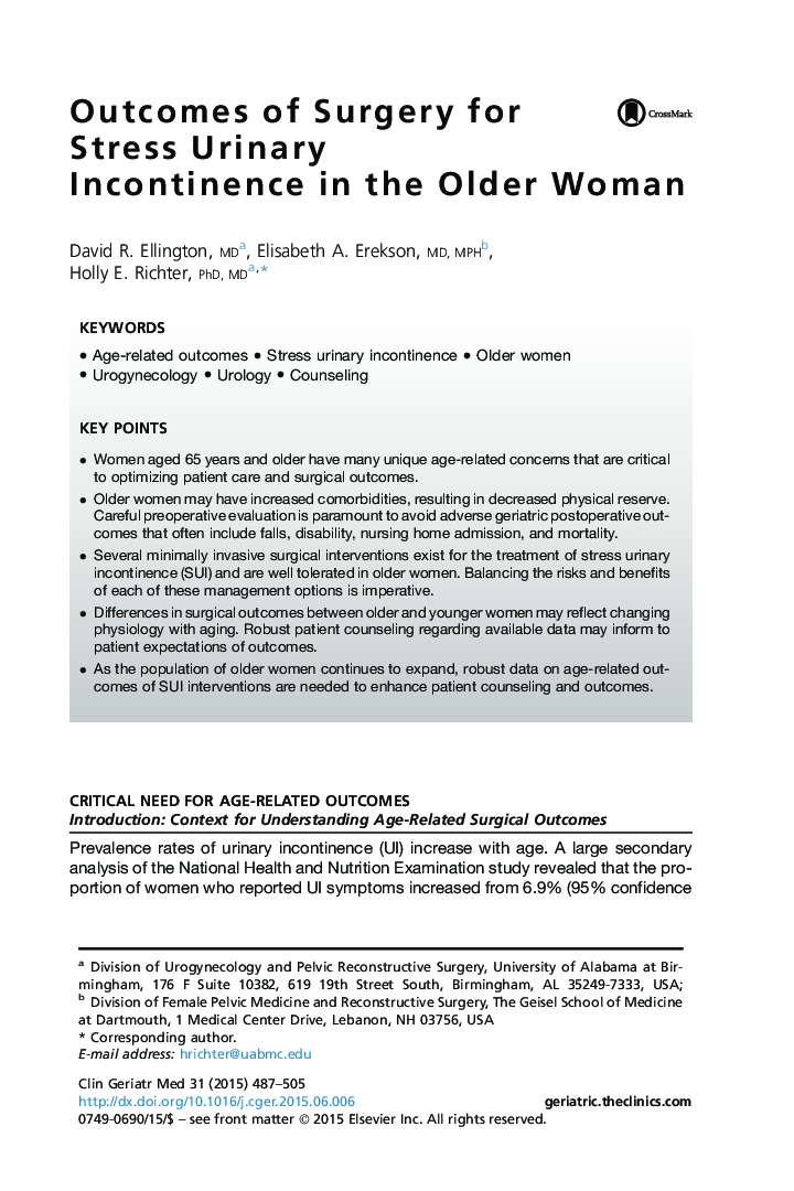 Outcomes of Surgery for Stress Urinary Incontinence in the Older Woman