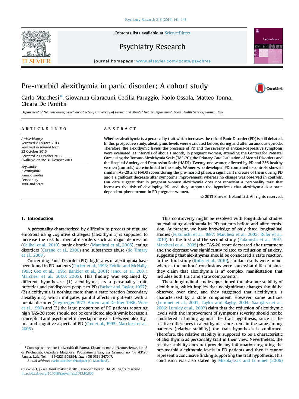 Pre-morbid alexithymia in panic disorder: A cohort study